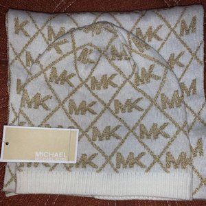 Michael Kors Gold and Cream Hat and Scarf Set